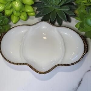 Vintage Oven Ware Fire King Milk Glass Divided Relish Candy Dish Gold Trim
